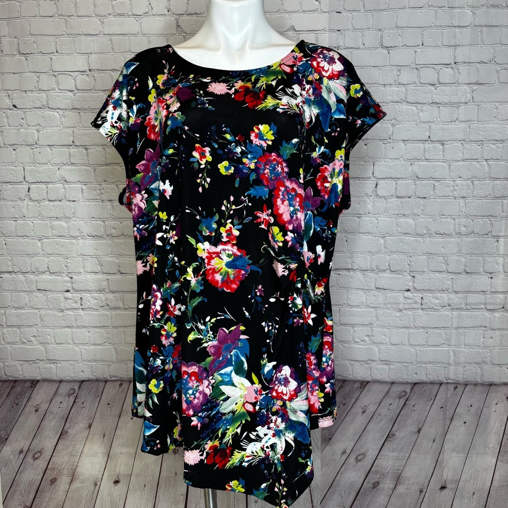 Jessica Vibrant Women's Blouse Top with Black and Multicolor Flowers Size 3X